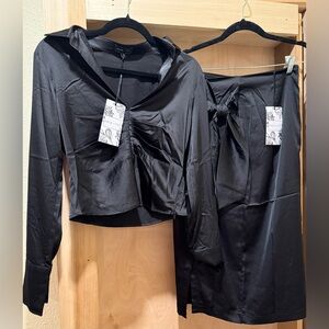 Sage + Fig Black Two-Piece Satin Set 100% Polyester NEW